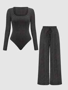 Olithes 2pcs Set: Solid Color Asymmetric Hem Top And Pants - Dark Grey - View 9