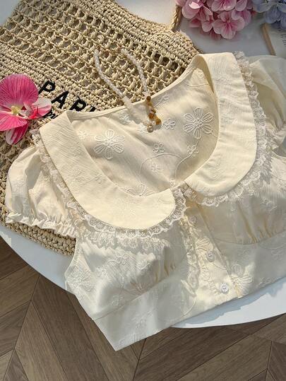 Sunnyshic Spring & Summer French Romantic Vacation Embroidered Jacquard Fabric Delicate Bow Peter Pan Collar Petal Sleeve Cropped Blouse