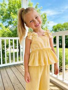 Emery Rose Kids Emery Rose Kids Bộ đồ 2 món cho bé gái: áo hai dây và quần dài dệt màu trơn. - Màu vàng - Xem 4