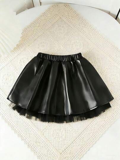 Genkimix Kids Young Girl A - Line PU Leather Skirt. The Hem Is Decorated With Net Lace Accessories. It's Comfortable, Stylish, Elegant, Sweet, And Cute, A Must - Have For Daily And Outings.