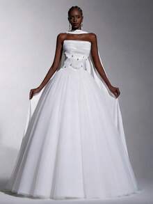 Elitara 优雅简约奶油色缎面拼接薄纱高低摆手工水晶荷叶边新娘婚纱，适合婚礼仪式、正式庆典、红毯活动、豪华招待会、户外森林海滩、正式场合等。 - 白色 - 查看 8