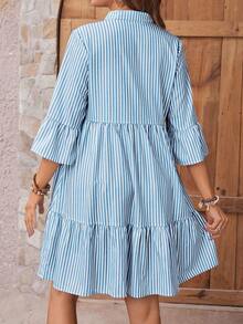 SHEIN Đầm sơ mi ngắn tay cổ đứng kẻ sọc dành cho nữ - Màu xanh lam - Xem 2