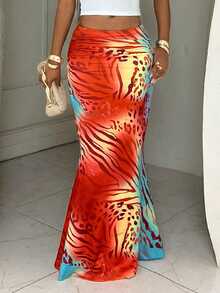 BamGleam Women's Vacation Printed Pattern Fitted Mermaid Skirt - Orange - View 1