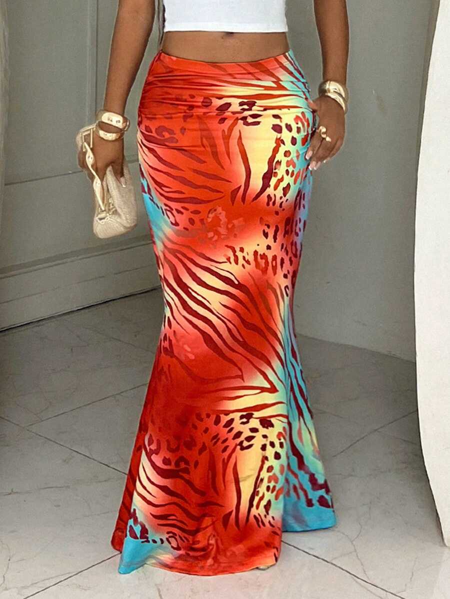 BamGleam Women's Vacation Printed Pattern Fitted Mermaid Skirt - Orange - View 1