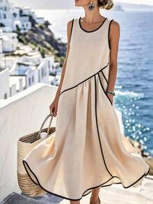 SHEIN Holidaya Women's Casual Vacation Contrast Trim Single Pocket Dress, Casual Long Dress, Spring/Summer Dress Women Vacation Dress Vacation Dinner Dress Summer Elegant Dress Beach Long Dress - Apricot - View 2