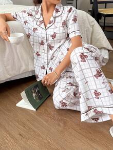 Napfluff Conjunto de pijama con estampado de oso escocés, conjunto de pijama de oso de peluche, conjunto de pijama a cuadros para primavera/verano, conjunto de pijama a cuadros escoceses, conjunto de pijama para mujer - Marrón - Ver 4