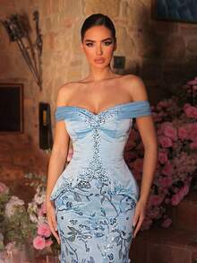 Glamrae Đầm dạ hội sang trọng màu xanh nhạt, đính sequin 3D hoa văn tinh tế, phối satin, một vai, đính đá lấp lánh, kiểu đuôi cá, dài thướt tha, hở lưng, có dây buộc điều chỉnh được. - Màu xanh nhạt - Xem 2