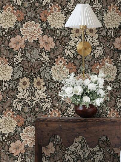 1 Roll Elegant Vintage Boho Floral Pattern Self Adhesive Wallpaper Brown And White Background Peel And Stick Contact Paper Waterproof Moisture Proof Removable Home Decor Wall Sticker For Kitchen Bedroom Living Room Cabinet Wardrobe Table Furniture Renovation Housewarming Gift