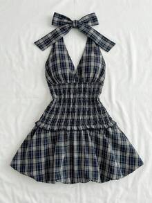 Elamini 女士格子露背休闲连衣裙 - 藏蓝色 - 查看 1