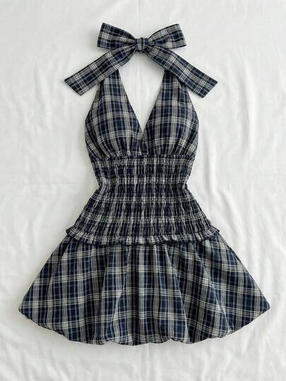 Elamini 女士格子露背休闲连衣裙