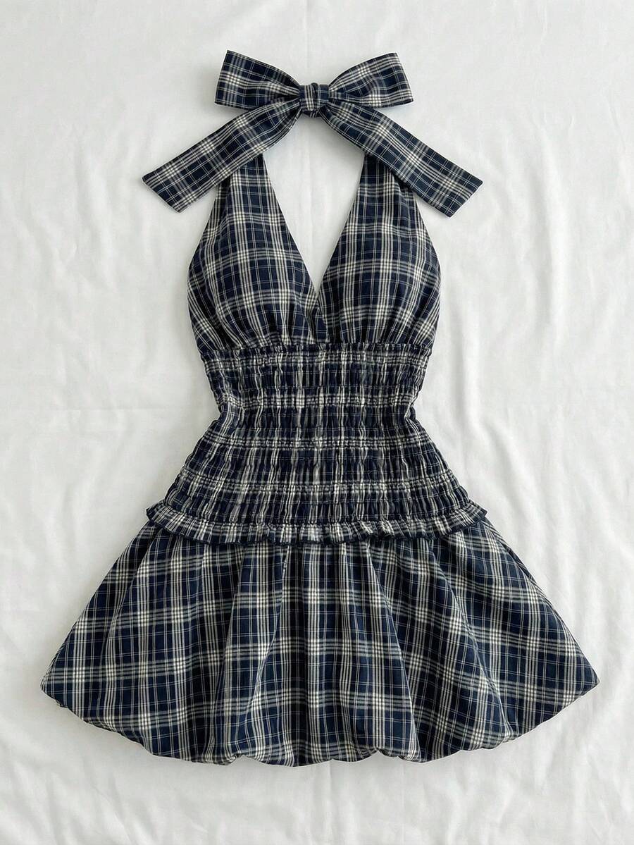 Elamini 女士格子露背休闲连衣裙 - 藏蓝色 - 查看 1