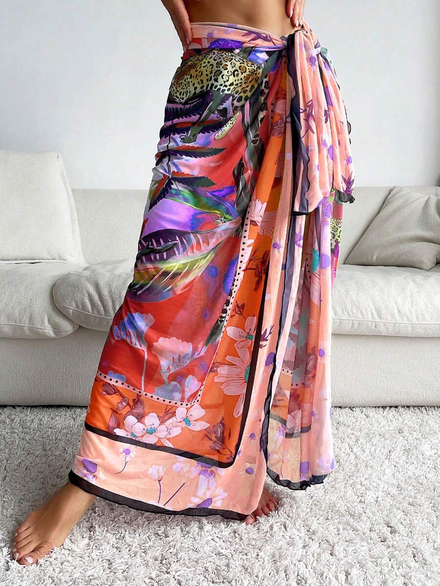 SHEIN Swim 女士印花系带腰部罩衫半身裙套装，适合度假 - 橘色 - 查看 1