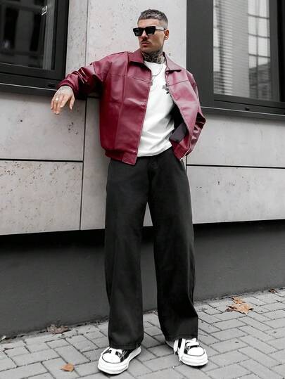 Artur Kramer Men's Autumn And Winter Drop Shoulder Long Sleeve Zip Up Red PU Leather Jacket