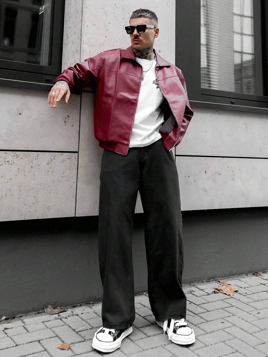 Artur Kramer Men's Autumn And Winter Drop Shoulder Long Sleeve Zip Up Red PU Leather Jacket - Red - View 1