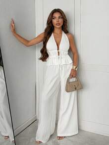 Slaydiva New Early Spring, Spring And Summer Music Festival, Valentine's Day, Easter, Bohemian Style, Casual And Simple Basic Style, Cruise Party, Casual Vacation, Elegant Commuting, V-Neck, Revealing Front Piece, Lace-Up, Large Backless, Fluttering Piece Top + Wide-Leg Pants, Super Long Pants, Loose Fit, White Pleated Fabric Women's Two Pieces Set -A - White - View 4