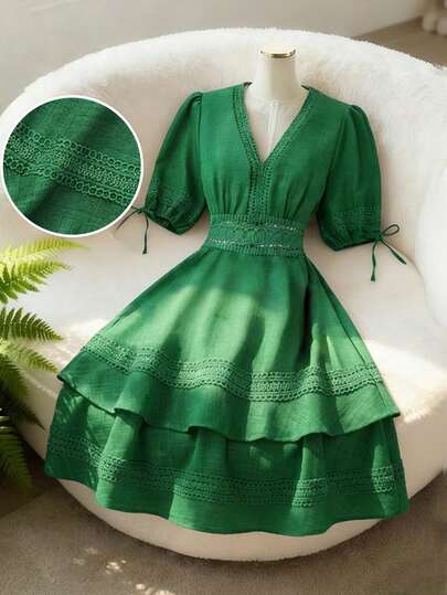 GlowEve CURVE Vestido corto de mujer talla grande unicolor elegante con cuello en V de encaje, mangas abullonadas y cintura alta, para primavera/verano