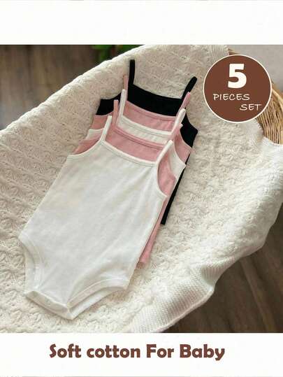 Set de 5 piezas Mono de punto sólido cómodo y elástico con tirantes tipo espagueti, unisex para bebé, adecuado para el verano (Rosa + Blanco + Negro)