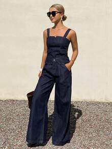 DAZY 女士牛仔背带上衣和宽松阔腿裤休闲牛仔套装 - 深色水洗藍 - 查看 3