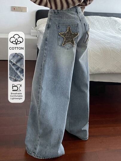 Dazy Tall Lange Damen Regular Waist Stern Patchwork Lässig Jeans