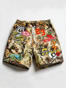 ROMWE MEN Street Life Pantalones cortos casuales con estampado gráfico para hombres, adecuados para primavera/verano - Multicolor - Ver 5