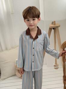 Dazy Kids 男童条纹落肩长袖纽扣前开襟休闲舒适家居服 - 藍色 - 查看 4