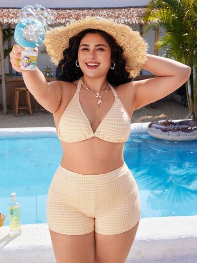 Swim Mod 大码女式黄色格子吊带比基尼上衣和高腰短裤泳装套装