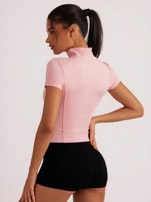 Easithlete Áo khoác yoga tay ngắn có khóa kéo cổ đứng vừa vặn dành cho nữ, đa năng khi tập luyện, mặc thường ngày - Màu Hồng baby - Xem 2