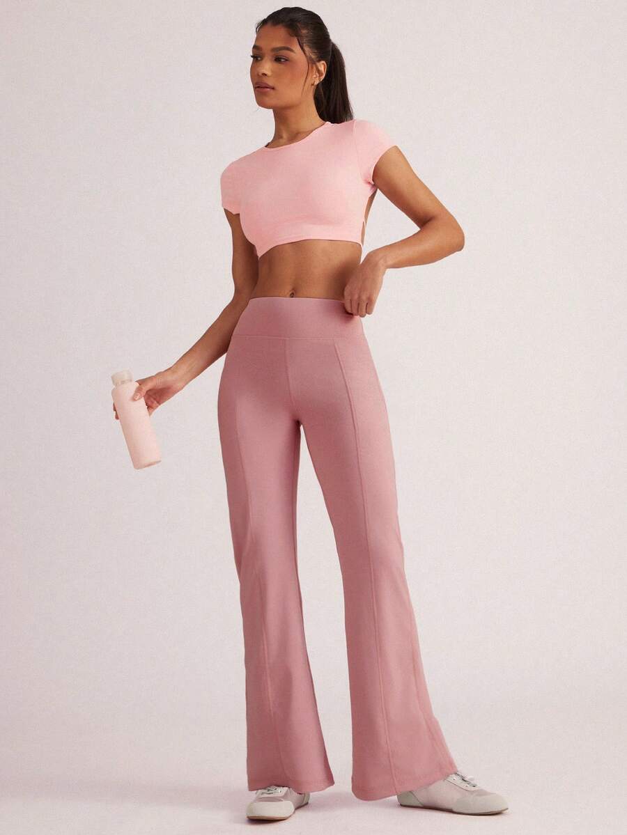 Easithlete High Waist Solid Color Tight Fit Yoga Pants For Workout - Pink - View 1