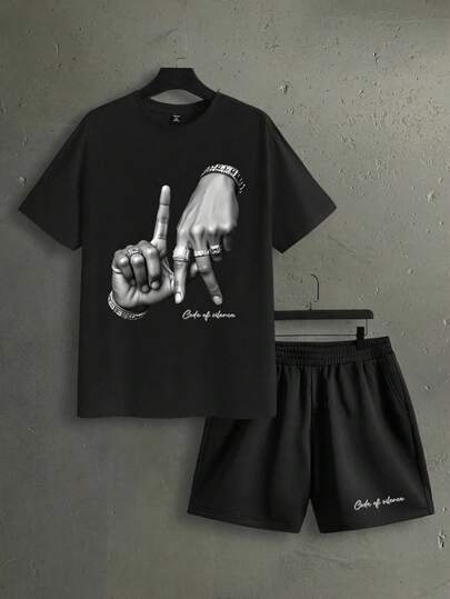 StoneGrade Los Angeles LA Letter Gesture Logo Print Fashion Streetwear Men's Black T-Shirt Set
