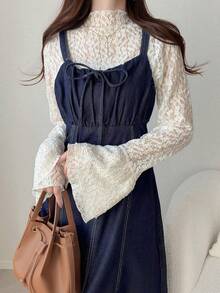 FRIFUL Women's Casual Everyday Commute Knotted Front Strap Denim Dress, Summer - Blue - View 4