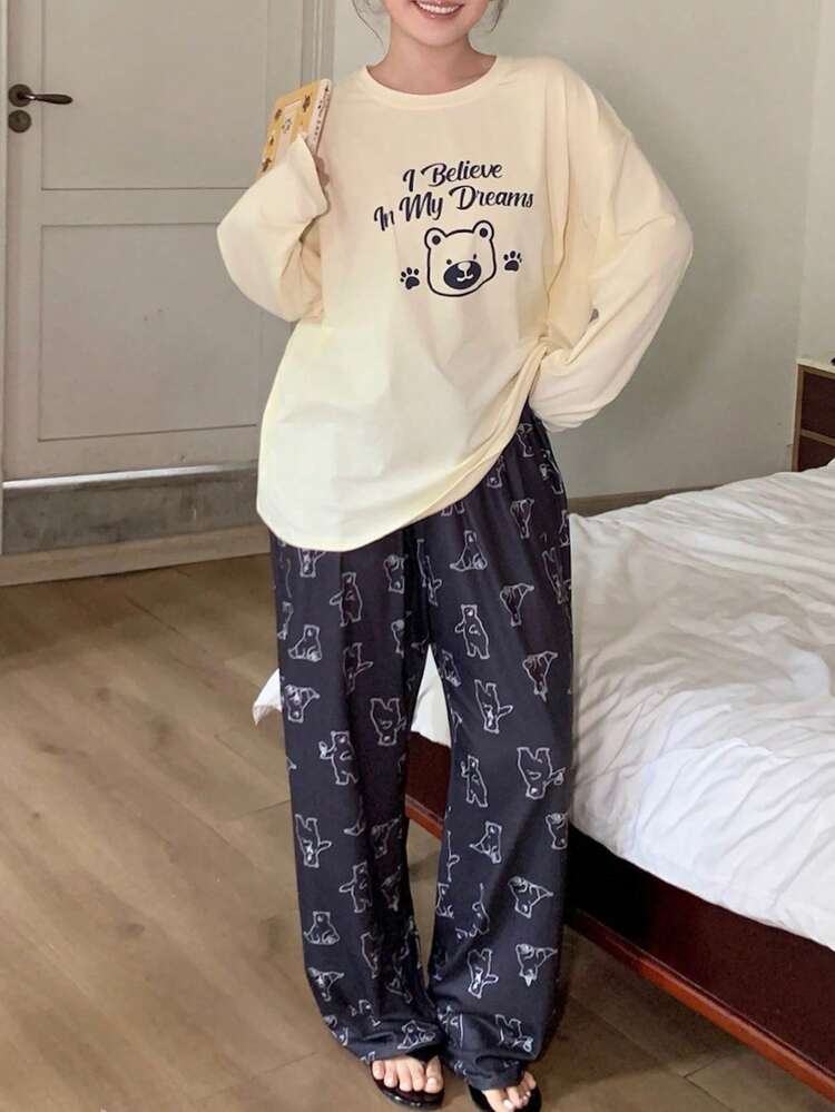 Dazy Plus Plus Size Casual Letter Print Long Sleeve Top And Pants Pajama Set, Autumn