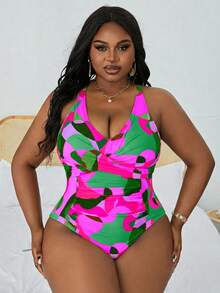 Slaydiva Traje de baño de una pieza con estampado de camuflaje para tallas grandes, ideal para vacaciones en la playa - Multicolor - Ver 4