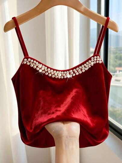 Franclia Top de cami sin mangas de satén de terciopelo con cuentas, de estilo elegante y versátil, adecuado para usar solo o como capa base. Chaleco de primavera/verano para mujer, camiseta sexy sin mangas, top sin mangas, primavera, verano, top rojo para mujer, chaleco de perlas de primavera/verano para mujer. Ropa casual de moda para ir y venir, ropa de oficina de negocios, ropa casual versátil y elegante para el día a día, atuendo profesional urbano para maestros