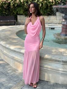 Aloruh 女士新款优雅垂褶领粉色长裙/钩针编织吊带裙/性感露背连衣裙/浪漫婚礼季/海滩度假/派对礼服/夏日连衣裙 - 粉色 - 查看 4