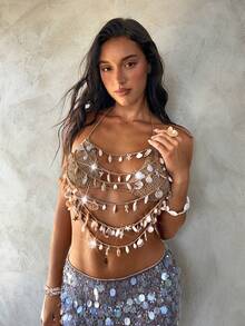 Aloruh 女士春夏新款钩针编织露背比基尼罩衫，海洋元素装饰配饰，奢华派对/音乐节，女士度假装 - 卡其色 - 查看 7