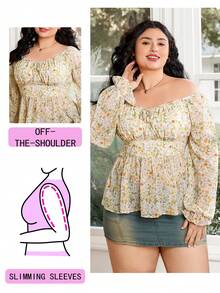 Solflare Plus Size Women's Vacation Ditsy Floral Front Tie Off Shoulder Long Sleeve Fashionable Blouse - Multicolor - View 8