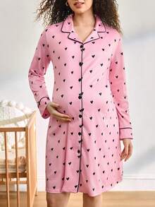 Moonlight&Mama 孕妇爱心印花单排扣休闲睡裙，适合日常穿着 - 彩色 - 查看 3