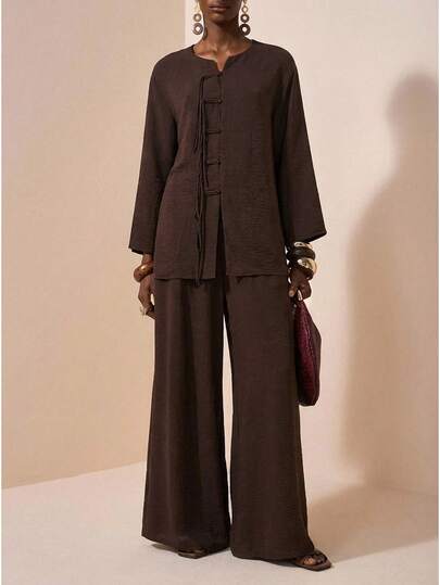 Zivah 2025 Autumn/Winter New Music Festival, Easter, St. Patrick's Day, Western, Nomadic, Birthday Party, Graduation, College Style, Student, Daily Casual, Basic Versatile, Leisure, Cruise Travel, Beach, Suing, Viral, Streetwear, Wedding Guest Boho, Commute, Brunch, Airport, Party, Holiday Outing, Elegant Banquet, New Chinese Style Button-Down Long Sleeve Brown Textured Linen Fabric Kimono-Inspired Shirt And Wide-Leg Pants 2-Piece Set