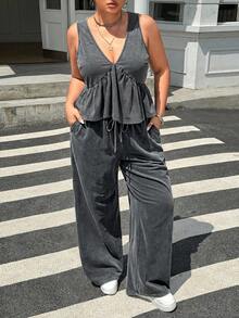 Muchica Plus Size Women Deep V-Neck Ruffle Hem Top And Drawstring Waist Wide Leg Pants Casual 2 Pieces Set - Light Grey - View 6