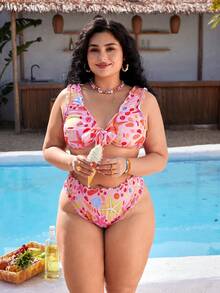 Swim Mod Plus Size Cerise Pink Bikini Set,Women's Summer Beach Holiday Holiday Printed Two Pieces Swimsuit,Front Knotted High Waist Tummy Control Bathing Suit - Pink - View 3
