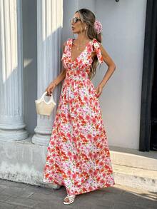 Pariaura 女士新款春夏优雅南法度假风V领碎花连衣裙，无袖中长款修身连衣裙，收腰设计，梭织印花面料，约会和外出完美之选 - 彩色 - 查看 5