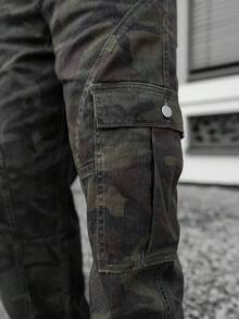 Artur Kramer Jeans anchos de camuflaje con múltiples bolsillos y efecto desgastado, de corte holgado y casual para hombre - Verde militar - Ver 3