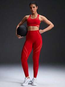 Powerista 女士条纹拼接露背日常健身运动文胸 - 紅色 - 查看 6