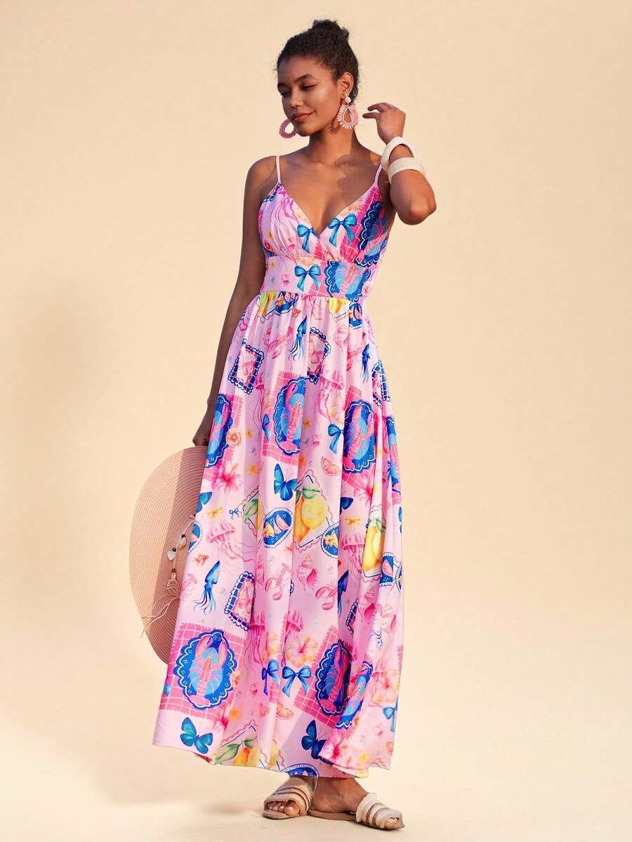 Travachic 女士V领印花长款连衣裙，适合春夏穿着 - 彩色 - 查看 1