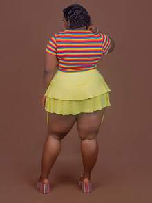CurvyTilda A-Line Plus Size Skirt With Side Drawstring Detail, Yellow, Spring/Summer, Ruffled Skorts, Skirts With Shorts Underneath, Tiered Skorts, For Hourglass Body Shape - Yellow - View 2