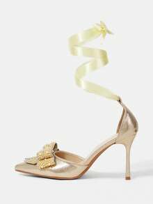 CUCCOO HITCHD Women Stylish Elegant Commuter Rhinestones Pearl Bows Decorated Pointed Pumps - Gold - View 3