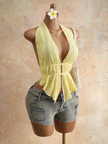 Mistrie 女士提花针织性感露背吊带背心，度假必备 - 淡黃色 - 查看 5