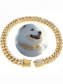 1PC Cuban Chain Inlaid With Artificial Diamonds, Full Diamond Fashionable Pet Necklace, Sparkling Pet Necklace, 13mm Wide Dog Necklace, Dog Necklace,Cool Dog Collar, Puppy Chain,Pet Decoration Chain Accessories, Small Medium Large Dogs And Cats, Suitable For Daily Wear And Party, Great Birthday Gift For Pets - Gold - View 3