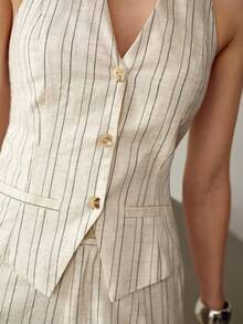 MOTF PREMIUM FASHION STRIPED PRINT OPEN BACK BUTTON PLACKET HALTER TOP - Apricot - View 2