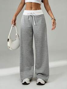 SHEIN PETITE Comfortable And Casual Plain Knitted Low-Rise Wide-Leg Women's Sweatpants - Grey - View 4